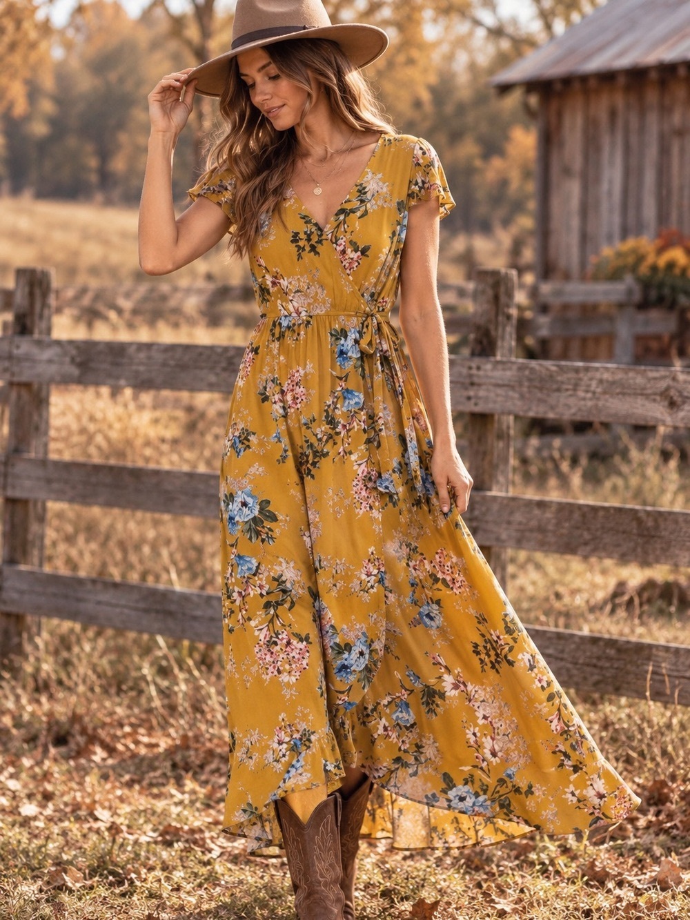 Band of Gypsies Mustard Yellow Floral Faux Wrap Viscose Maxi Dress S